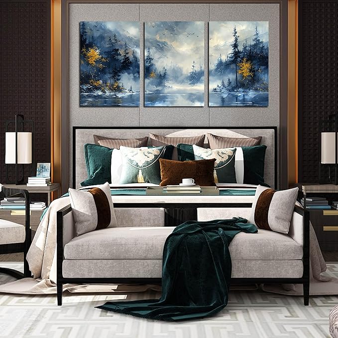 SIXTTART Tree Pictures Wall Decor Bedroom - Blue Wall Art for Living Room - Large 3 Piece Canvas Wall Art for Office Size 24" x 36"