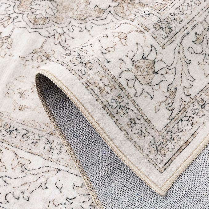 Beige Area Rug 3x5 Washable Vintage Carpet for Entryway Office Soft Retro Kitchen Low Pile Thin Door Mat Non Slip Oriental Medallion Throw Rug for Bathroom Bedroom Dining Living Room