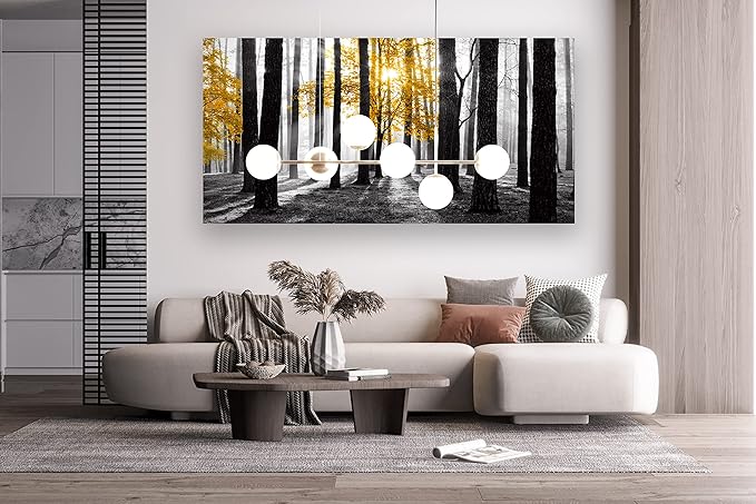 Cao Gen Decor Art S06375 Wall Art Canvas Painting Yellow Tree in Black and White Sunshine Foggy Forest Picture Poster Print Framed Ready to Hang for Living Room Bedroom Office Home Decor