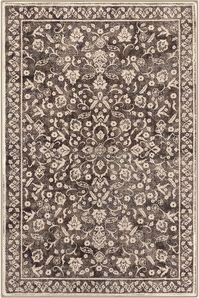 Vintage 3x5 Washable Rug for Entryway, Super Soft Rust Brown Red Entryway Rug with Non-Slip, Printed Faux Wool Floral 3x5 Area Rug Thin Floor Carpet for Kitchen, Bedroom, Living Room