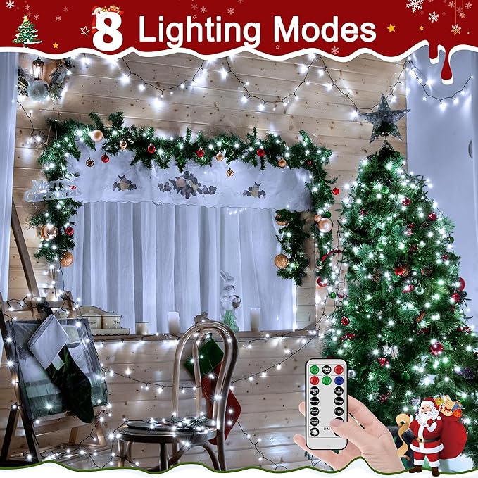 394FT 1200 LED Christmas Lights Outdoor, White Christmas Tree Lights Plug in, 8 Modes Twinkle String Light for Bedroom Wedding Party Ceiling Xmas Home Decoration