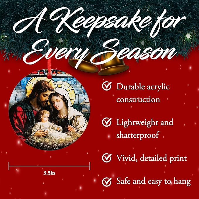 Holy Family Nativity Stained-Glass Style Acrylic Ornament - Traditional Catholic & Christian Christmas Decor, Religious Decorative Hanging Ornaments for Tree