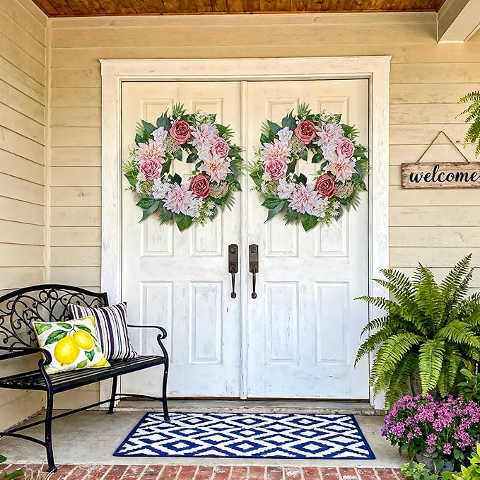 24 Inch Spring Wreath for Front Door with Roses Dahlias Silk Flowers with Berry Greenery for All Seasons Indoor Outdoor Porch Wedding Wall Farmhouse Porch Wall Living Room Home Widding Decor