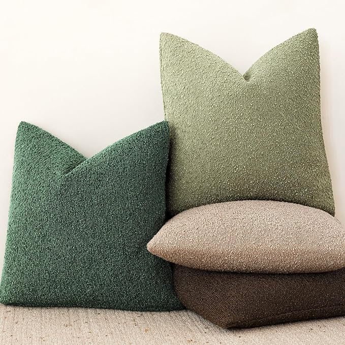 Foindtower Set of 2, Decorative Textured Boucle Throw Pillow Covers Accent Solid Pillow Cases Neutral Cozy Couch Cushion Case for Chair Sofa Bedroom Living Room Home Decor 26x26 Inch Pine Green