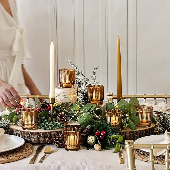 Kate Aspen Vintage Glass Tealight & Amber Votive Candle Holders (Set of 6) – Rustic Fluted Candle Holder Set, Boho Home Decor, Wedding Table Centerpieces, Farmhouse Kitchen Table Decor