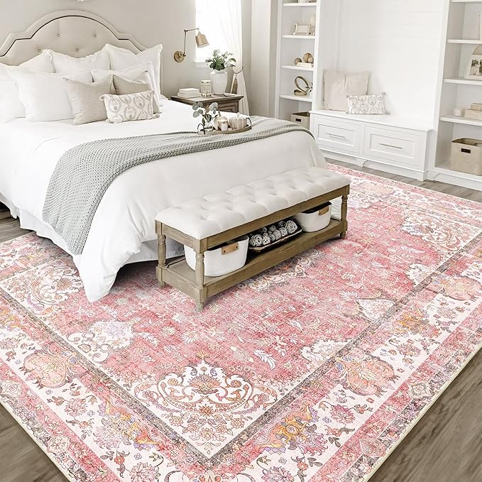 8'x10' Area Rugs Washable,Pink Rug for Living Room Bedroom Dining Room,Large Boho Vintage Bohemian Distressed Oriental Carpet Non Slip,Blush Floral Flowers