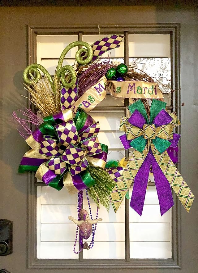 Mardi Gras Wreath Bows Mardi Gras Decor Bow Purple Strips Plaid Burlap Bows for Wreaths, Mardi Gras Ribbon Bows Tree Topper Bows for Mardi Gras Home Indoor Outdoor Decoration Wreath Ornament Supplies