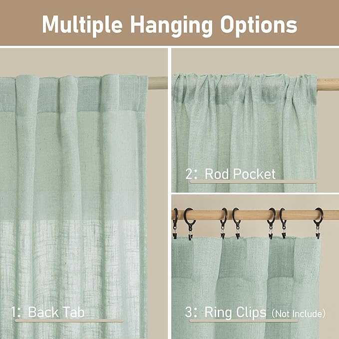 LAMIT 54 Inch Semi Sheer Window Linen Curtains, Light Filtering Panels Back Tab and Rod Pocket Neutral Drapes for Bedroom/Living Room, Light Sage, 2 Panels, 34 x 54 Inch