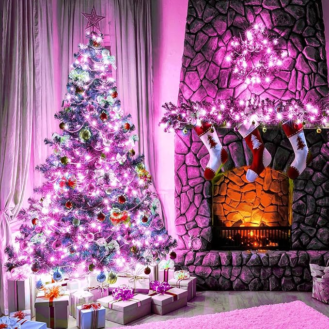 Pink Christmas Lights Outdoor, 100FT 300 LED Christmas Tree Lights with 8 Modes Waterproof, Plug in Connectable Christmas String Lights Green Wire for Indoor Patio Garden Xmas Love Party Decorations