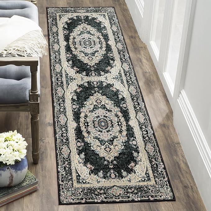 Washable Runner Rug 2x6,Black Rug Runners Non Slip,Long Boho Rugs for Hallways Kitchen Bedroom Entryway Living Room Bathroom,Vintage Bohemian Distressed Floor Carpet,Floral
