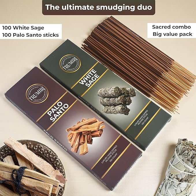 White Sage & Palo Santo - Combo Pack of Incense Sticks - 100 Insence-Sticks of Each Scent - Total 200 Inscents - Incienso for Smudge Rituals and Spiritual Cleansing of Negative Energies