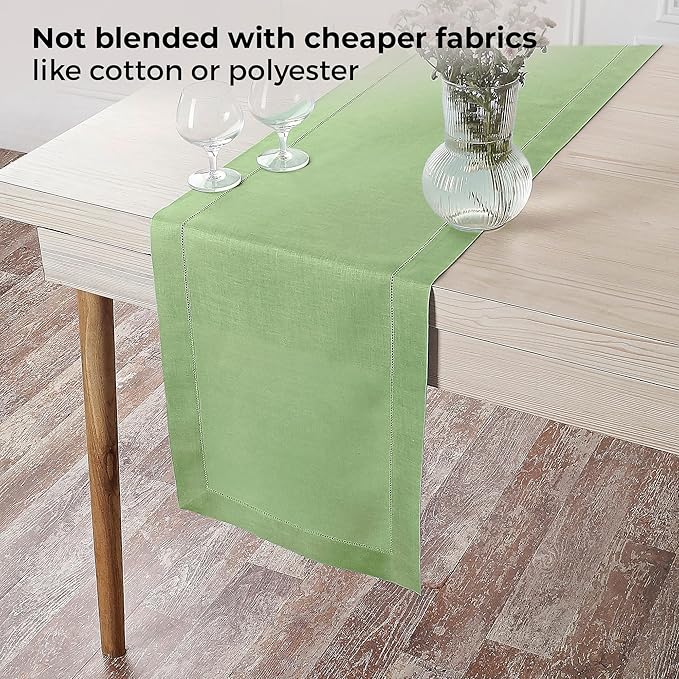 D'Moksha Homes Linen Sage Green Table Runner 72 Inches Long - 100% Pure Linen Hemstitch Table Runner 14 x 72 Inch for Dresser, Dining, Spring, St Patricks Day, Easter - Classic Hemstitch