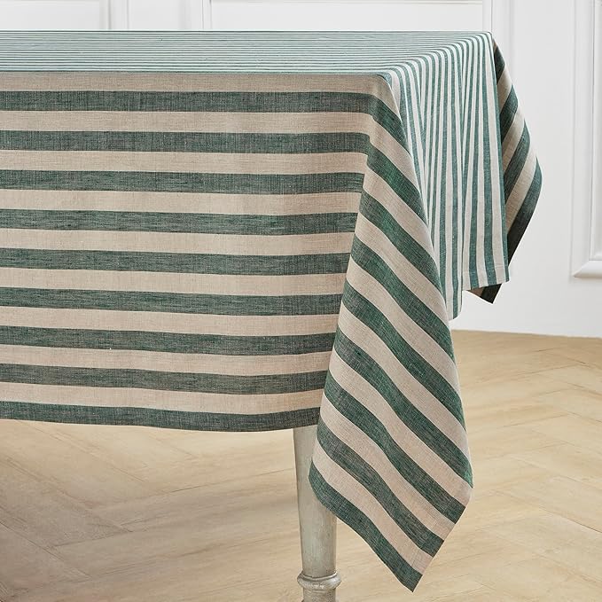 Solino Home Linen Tablecloth 60 x 90 Inch - Sorrento Stripe 100% Pure Linen Hunter Green and Natural Table Cloth for Rectangle Tables - Machine Washable Tablecloth for Winter, St Patricks Day, Easter