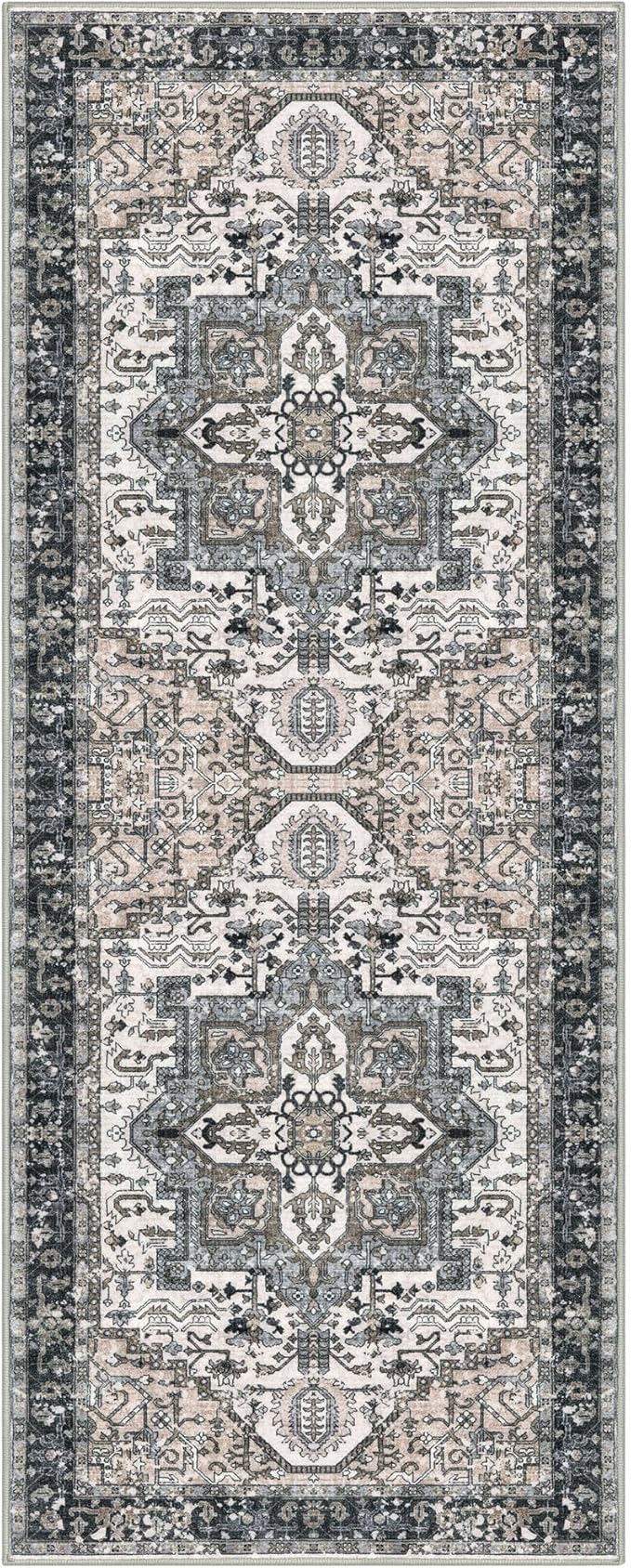KOZYFLY Runners for Hallways 2x5 Ft Washable Kitchen Runner Rug Boho Runner Rug for Entryway Indoor Printed Oriental Faux Wool Floor Carpet Runner for Laundry Room Kitchen Hall, Black/Taupe/Beige