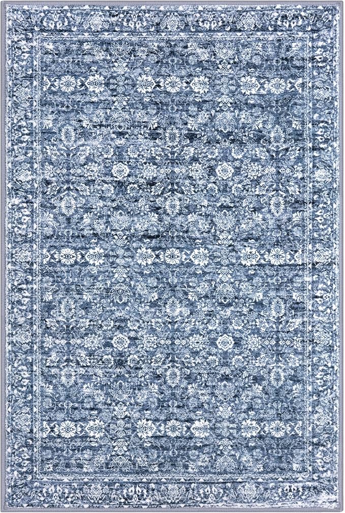 3x5 Washable Area Rug for Entrance, Blue Soft Distressed Floral Rug with Non-Slip, Low-Pile Vintage Area Rugs for Office Entryway Bedroom, Non-Shedding Carpet for Boys Dorm