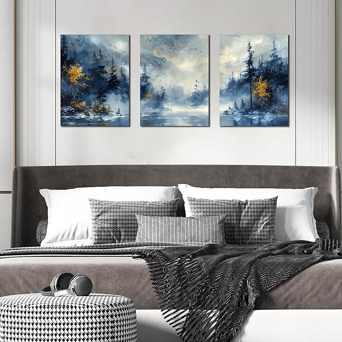 SIXTTART Forest Pictures Wall Art for Office - Modern Blue Canvas Art Wall Decor for Living Room - 3 Piece Wall Art for Bedroom Size 12" x 16"