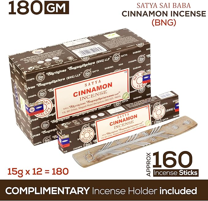 Satya Cinnamon Incense Sticks, Satya Bng (Bangalore) Insenses 15gmx12 Pack with Raajsee Incense Holder Bundle, Satya Nagchampa Natural Incense