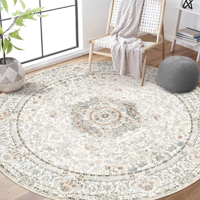 Boho Round Rug 6ft,Washable Circle Area Rugs for Bedroom Living Room,Beige Vintage Bohemian Distressed Oriental Floral Carpet Non Slip