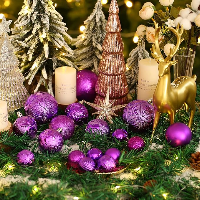 34ct Purple Christmas Ball Ornaments Shatterproof Plastic Christmas Tree Decorations for Xmas Party Home Office Holiday Decor -Medium Size (2.36"/ 60mm)