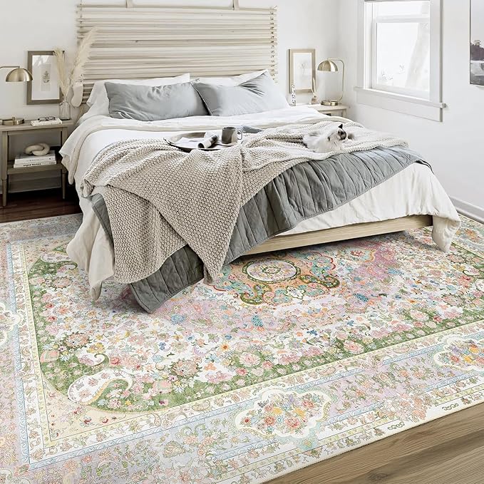 Casrage 6x9 Area Rugs Washable,Pink Rug for Living Room Bedroom Kitchen,Large Boho Vintage Bohemian Distressed Carpet Non Slip,Blush Green