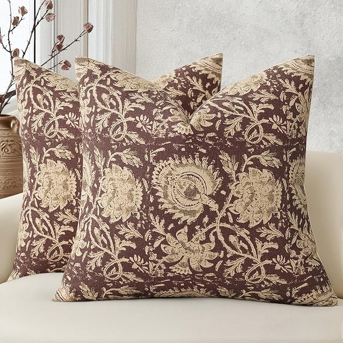 Vintage Floral Print Throw Pillow Covers 24x24 Set of 2 Neutral Modern Farmhouse Pillowcase Accent Decorative Cushion Covers Boho Home Decor for Couch Sofa Chair Bed Living Room, Oxblood
