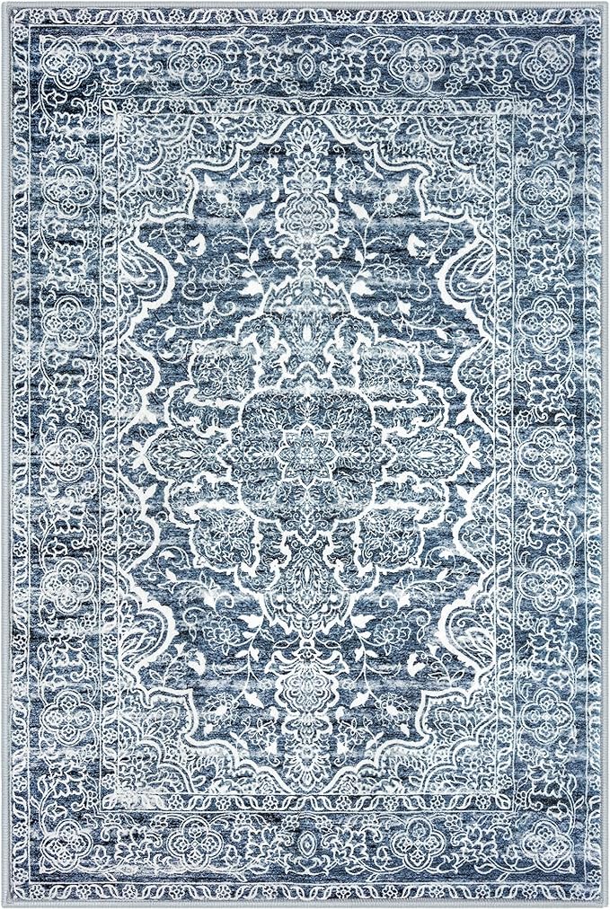 KUTA Vintage Washable Rug, 2PCS 2x3 and 2x6 Blue White Runners for Hallways Non-Slip Kitchen Area Rugs Ultra Soft Printed Distressed Floral Floor Carpet for Laundry Bedroom Living Room Nursery
