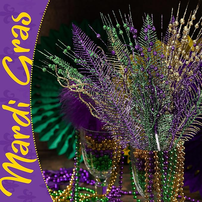 18 Pcs Mardi Gras Glitter Tree Picks Purple Gold Green Centerpiece Table Decor 17.7 Inch Mardi Gras Tree Topper Decor Branches Ornaments Carnival Decoration(Novelty)