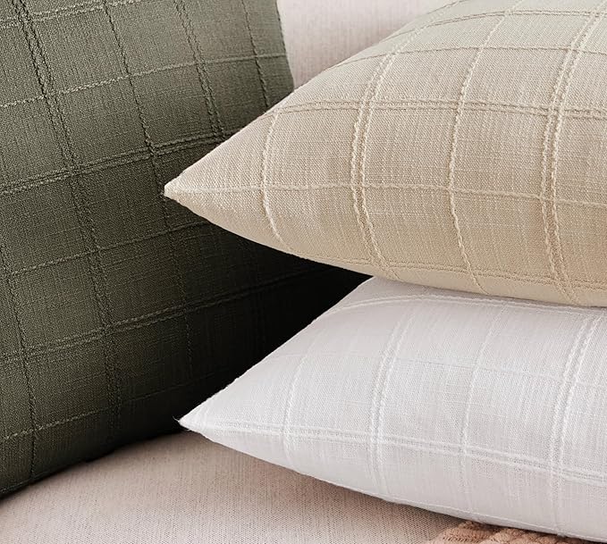ZeeMart Linen Checked Lumbar Throw Pillow Covers Set of 2, 12x20 Inch Allover Grid Beige, Farmhouse Decorative Double Sided Grid Embroidered Couch Pillow Cases Beige Cotton Linen Cushion Covers