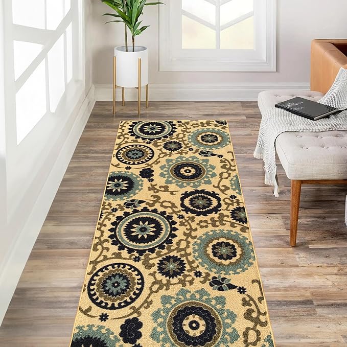 Custom Size Beige Floral Medallion Rubber Backed Non-Slip Hallway Stair Runner Rug Carpet 31 inch Wide Choose Your Length 31in X 19ft