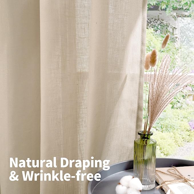 YoungsTex Light Tan Linen Curtains 90 Inch Long 2 Panels for Living Room, Grommet Light Filtering Drapes Burlap Textured Lightweight for Bedroom Dining Room Floor Length, 2 Panels, 52 X 90 Inch