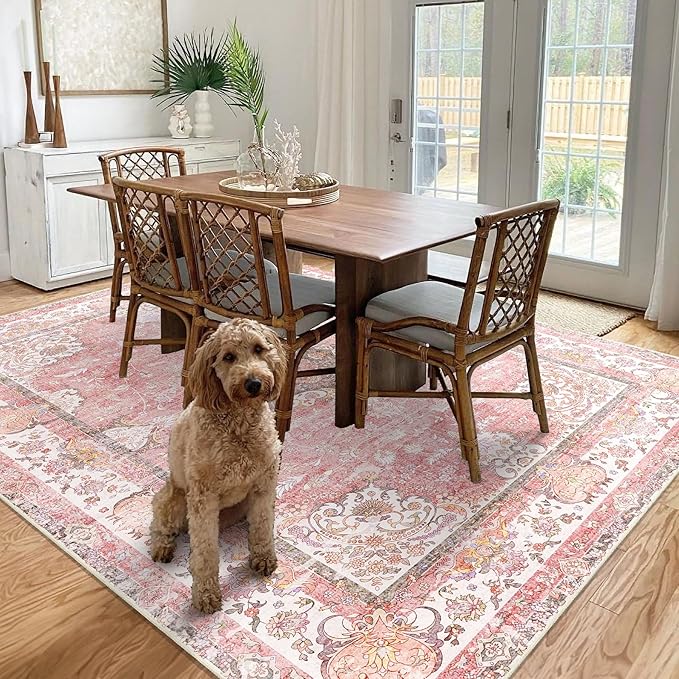 8'x10' Area Rugs Washable,Pink Rug for Living Room Bedroom Dining Room,Large Boho Vintage Bohemian Distressed Oriental Carpet Non Slip,Blush Floral Flowers