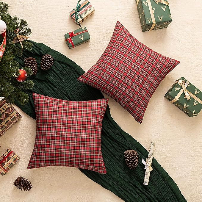 AQOTHES Pack of 2 Christmas Plaid Decorative Throw Pillow Covers Scottish Tartan Cushion Case for Farmhouse Home Holiday Decor Red and Green, 22 x 22 Inches
