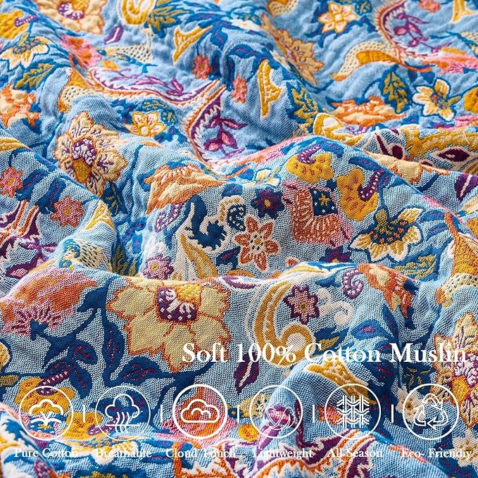 Blue Orange Fall Blanket 60"x 80" Boho Throw Blankets for Couch Bed Chair, 100% Cotton Quilts Warm Soft Blanket Muslin Bed Blankets Home Decor Farmhouse Warm Throws Gifts for Women Mom