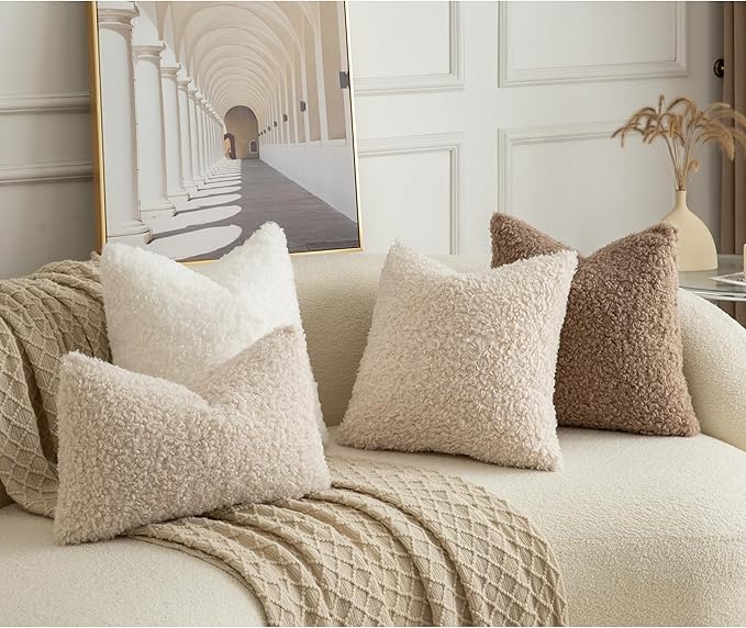 Pack of 2 Curly Teddy Wool Faux Fur Throw Pillow Covers Fuzzy Accent Soft Sherpa Pillowcases Sheepskin Fleece Decorative Cushion Case for Sofa Couch Living Room 16x16 Inch Neutral White