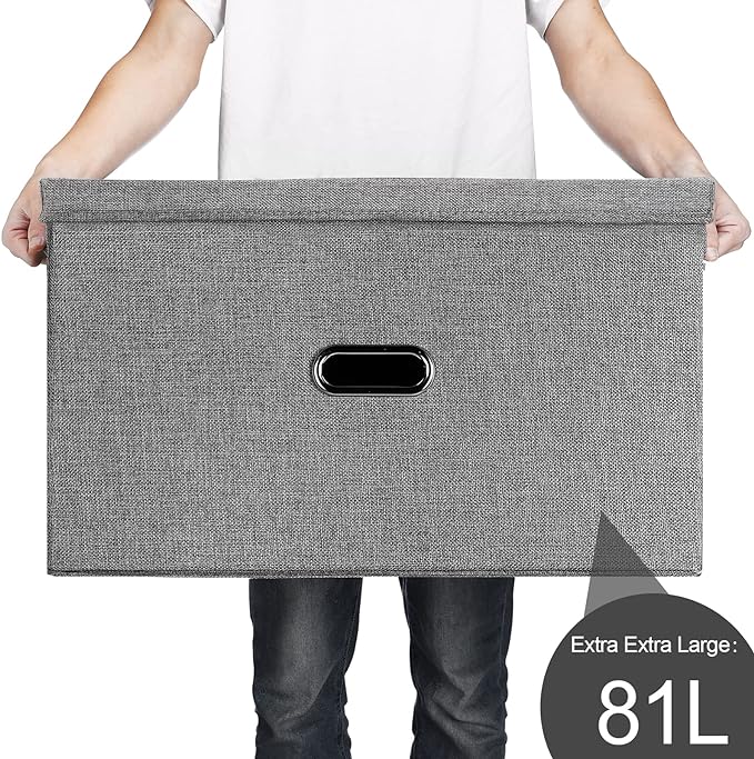 Large Linen Fabric Foldable Storage Bins with Removable Lid and Handles, Washable Storage Box Organizer Containers Baskets Cube with Cover for Bedroom,Office(Coffee, XXL)