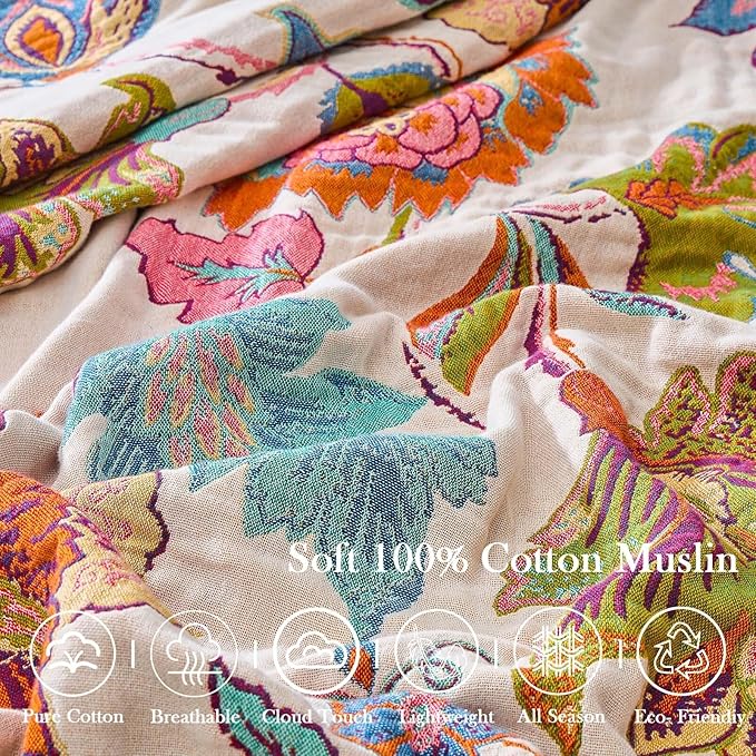 Summer Throw Blanket for Bed, 50"x60" Boho Throw Blankets 100% Cotton Quilts Farmhouse Decoration Warm Soft Blanket Muslin Bed Blankets for Couch Chair