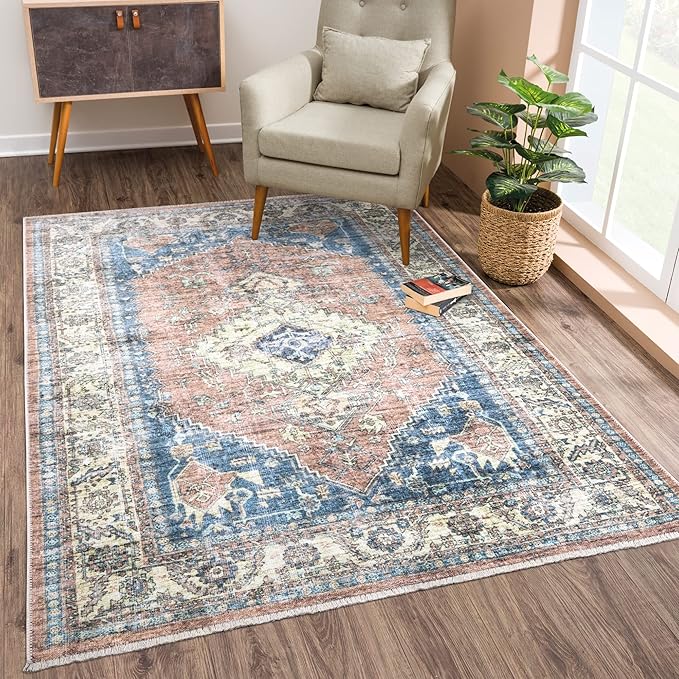Bloom Rugs Washable Non-Slip 2x3 Rug - Coral Pink/Ocean Blue Traditional Oriental Area Rug for Living Room, Bedroom, Dining Room, and Kitchen - Exact Size: 2' x 3'