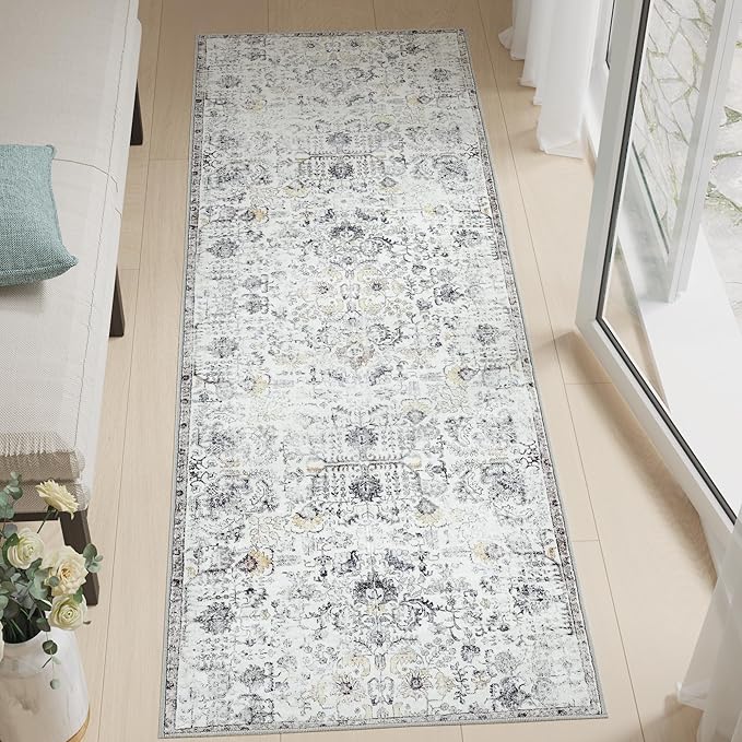 jinchan Kalen Runner Rug 2x7 Washable Area Rug Soft Grey Vintage Hallway Indoor Floor Mat Thin Retro Distressed Carpet Floral Country Non Slip Bathroom Kitchen Bedroom Living Room