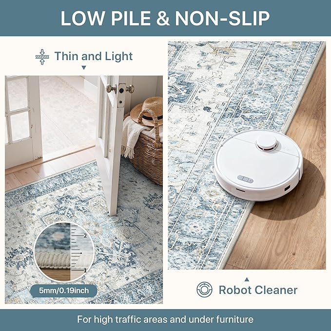 8x10 Area Rugs for Living Room, Machine Washable Non Slip Vintage Rugs, Low Pile Lightweigt Chenille Print Indoor Rug for Bedroom, Dining Room, Home Office, Blue