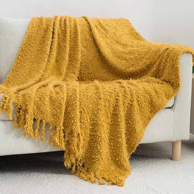 Winter Knit Throw Blanket Fluffy Fuzzy Soft Lightweight Cozy Farmhouse Tassels Chunky Knitted Throws for Couch Sofa Bed (Mustard Yellow, 50"x60")