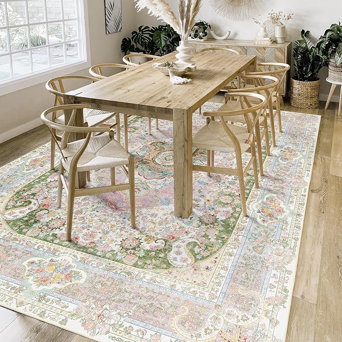 Casrage 6x9 Area Rugs Washable,Pink Rug for Living Room Bedroom Kitchen,Large Boho Vintage Bohemian Distressed Carpet Non Slip,Blush Green