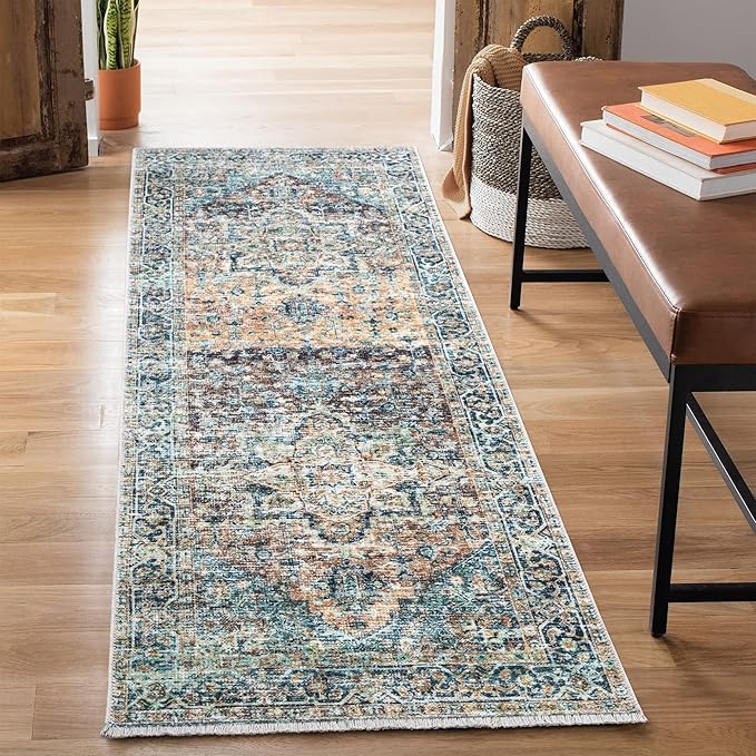 Bloom Rugs Caria Washable Non-Slip 10 ft Runner - Blue Green/Tangerine Traditional Runner for Entryway, Hallway, Bathroom, and Kitchen - Exact Size: 2'6" x 10'