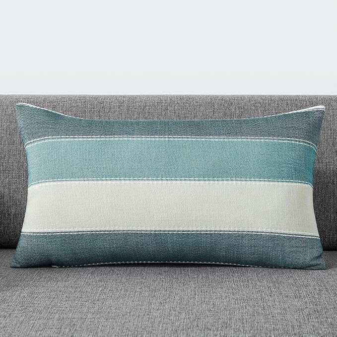 AmHoo Pack of 2 Farmhouse Stripe Check Throw Pillow Covers Set Case Cotton Linen Decorative Pillowcases Cushion Cover for Couch Bench Sofa 12x20Inch Teal Blue