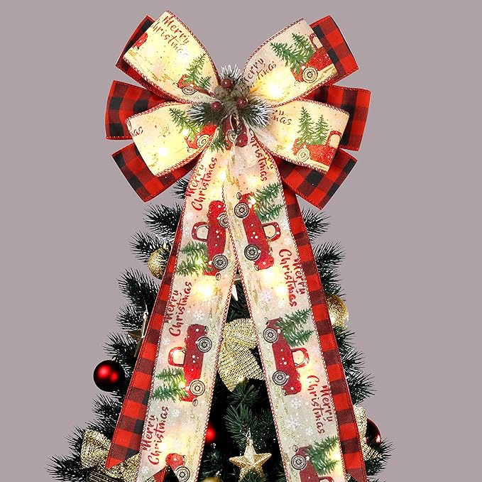 Christmas Tree Topper Bow with 30 LED Lights Decorations, 13”x25” Xmas Large Red Black Buffalo Plaid Rustic Farmhouse Wreath Bows with Truck Berries Pine Cones Pine Needles for Front Door Outdoor