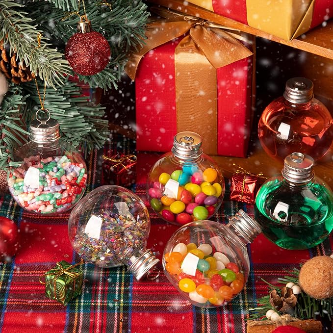 12 Pcs Clear Christmas Ornaments Balls, 5oz Fillable Plastic Christmas Ornament Balls for Christmas Tree Hanging Decoration & White Elephant Gifts