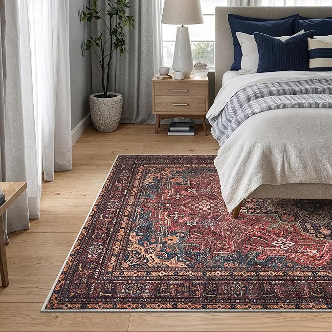 Bloom Rugs Washable Non-Slip 4' x 6' Rug - Red/Teal Blue/Yellow Traditional Medallion Area Rug for Living Room, Bedroom, Dining Room, and Kitchen - Exact Size: 4' x 6'