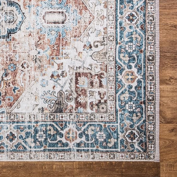 Bloom Rugs Caria Washable Non-Slip 3x5 Rug - Terracotta/Blue Traditional Area Rug for Living Room, Bedroom, Dining Room, and Kitchen - Exact Size: 3' x 5'