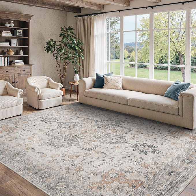10x12 Area Rugs for Living Room, Non Slip Machine Washable Vintage Rugs, Low Pile Lightweight Print Large Rug for Bedroom, Dining Room, Home Office, Light Taupe Brown