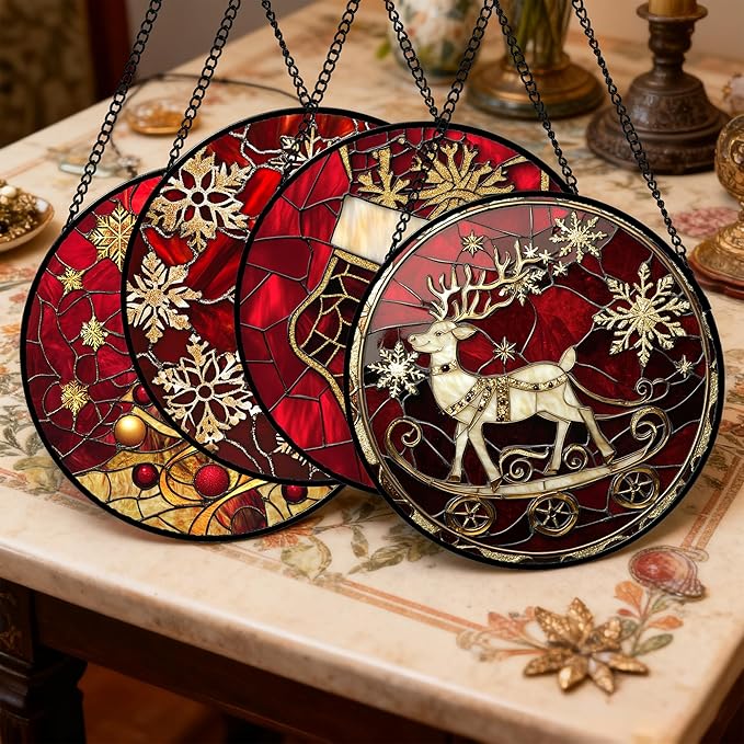 Stained Glass Window Hanging 4 Pcs Set Red Christmas Elk Snowflakes 6.3" - Deer Suncatcher Door Garden Sun Catcher Decor Birthday for Mom Woman Nana Men Friend
