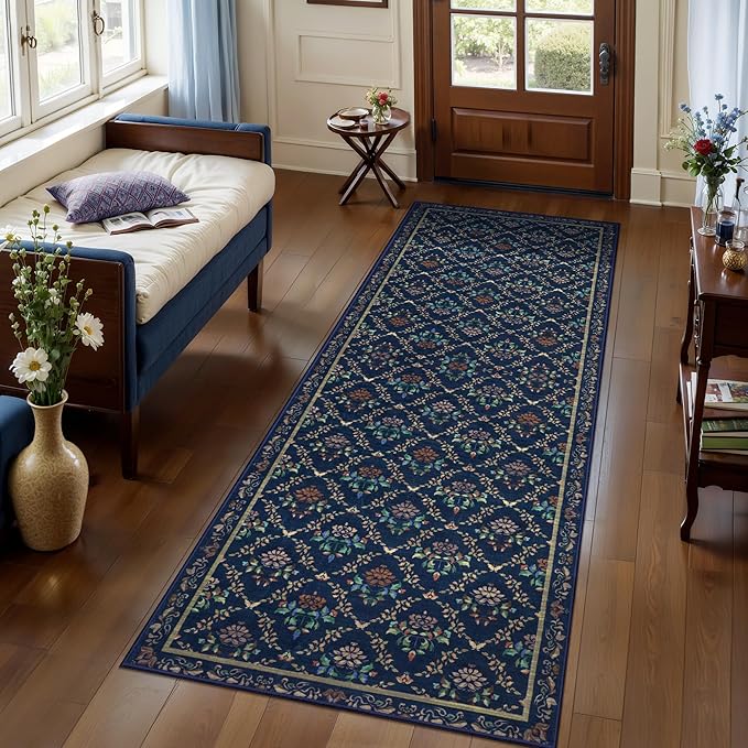 Tangsoo 2x6 Washable Runner Rug for Hallways, Non Slip Moroccan Trellis Blue Floral Carpet Runner, Soft Low Pile Floor Carpet Runner for Kitchen, Laundry, Bedroom, Bathroom, Living Room Home Decor